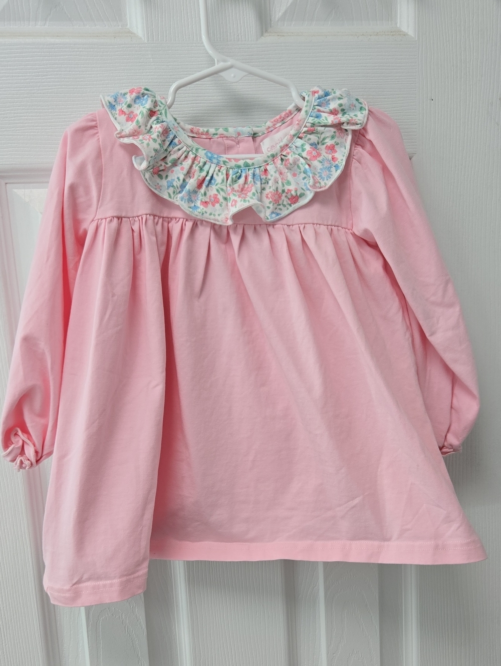 Girls' Pink Long-Sleeve Top with Floral Ruffle Collar